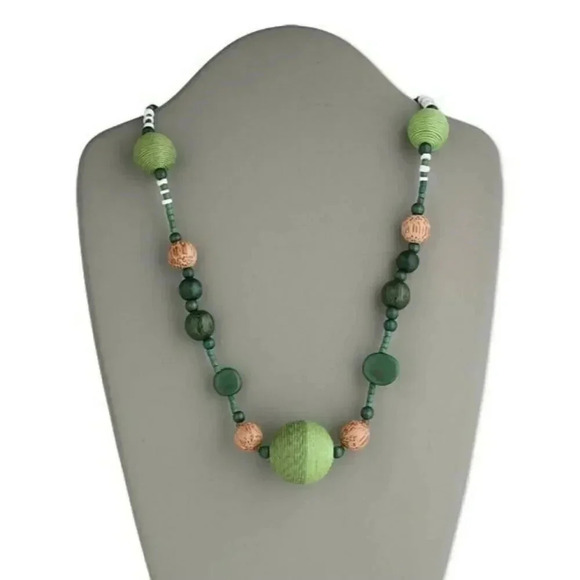 Handmade Green Brown Ethnic Wood and Coconut Shell Necklace - Picture 1 of 1